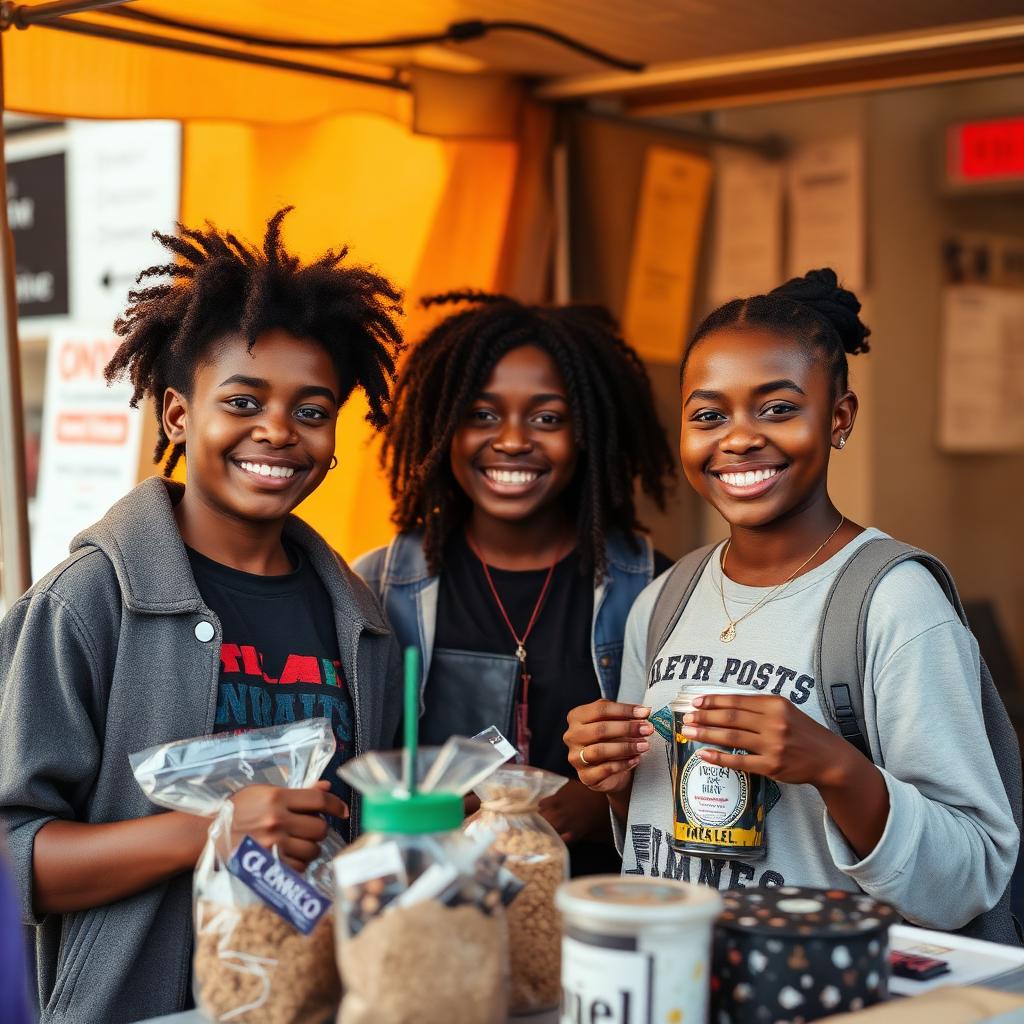 Illustration of young people showcasing products.